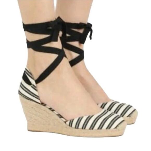 J Crew Ankle Wrap Lace Up Black White Striped Wedge Espadrille Heels Size 8 - Picture 1 of 7